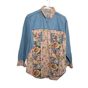 Blues Shirt Women's Small Floral Button Up Long Sleeve Collared Casual Boho